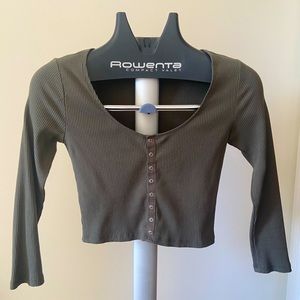 Ribbed snap front crop top - Olive green